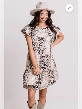 THE NINES Neutral Animal Print Ruffle Sleeve Mini Dress
